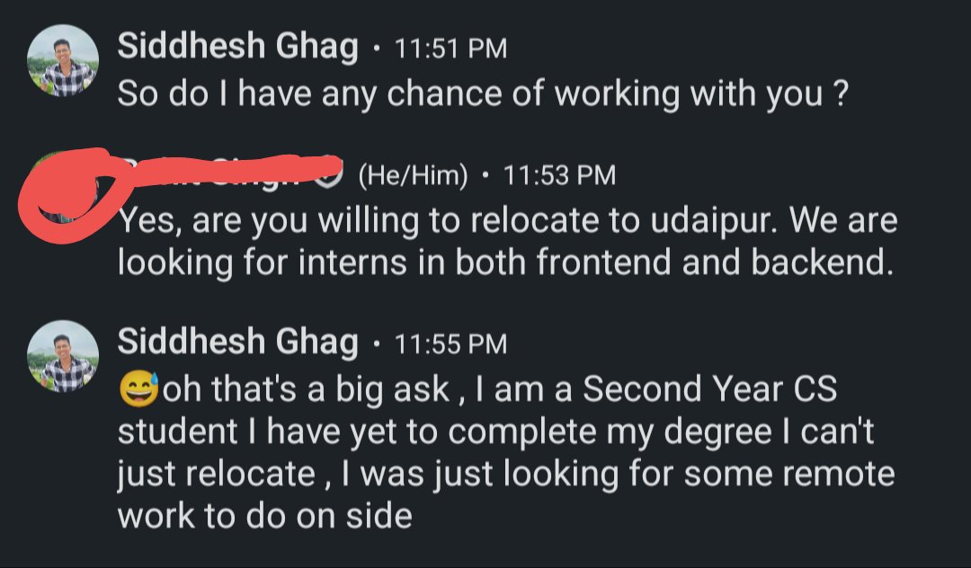 FrontendDoc's tweet image. Cold DMed a guy working at a design studio he actually replied 👀
They’re open to frontend and backend intern but I’d have to relocate to Udaipur, Rajasthan.
Makes me think… how far would you go for your first hands on experience?
#Internship #webdeveloper