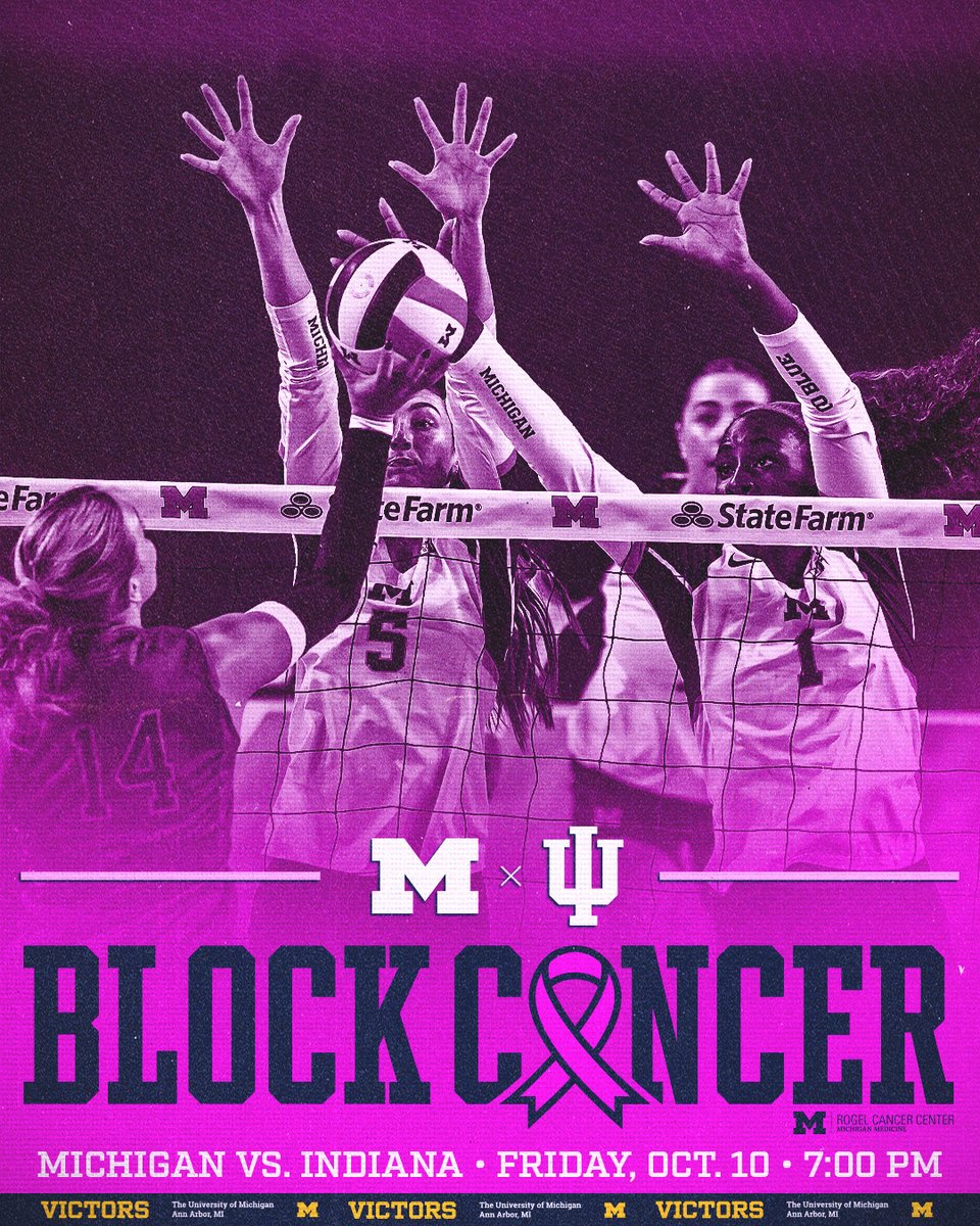 umichvball's tweet photo. Join us on Friday for a powerful game dedicated to the fight against breast cancer. Wear pink, show your support, and help us #BlockCancer together! 🩷
Join the fight » https://t.co/fLlQCZJGzs
#GoBlue https://t.co/d6cRXh15l0