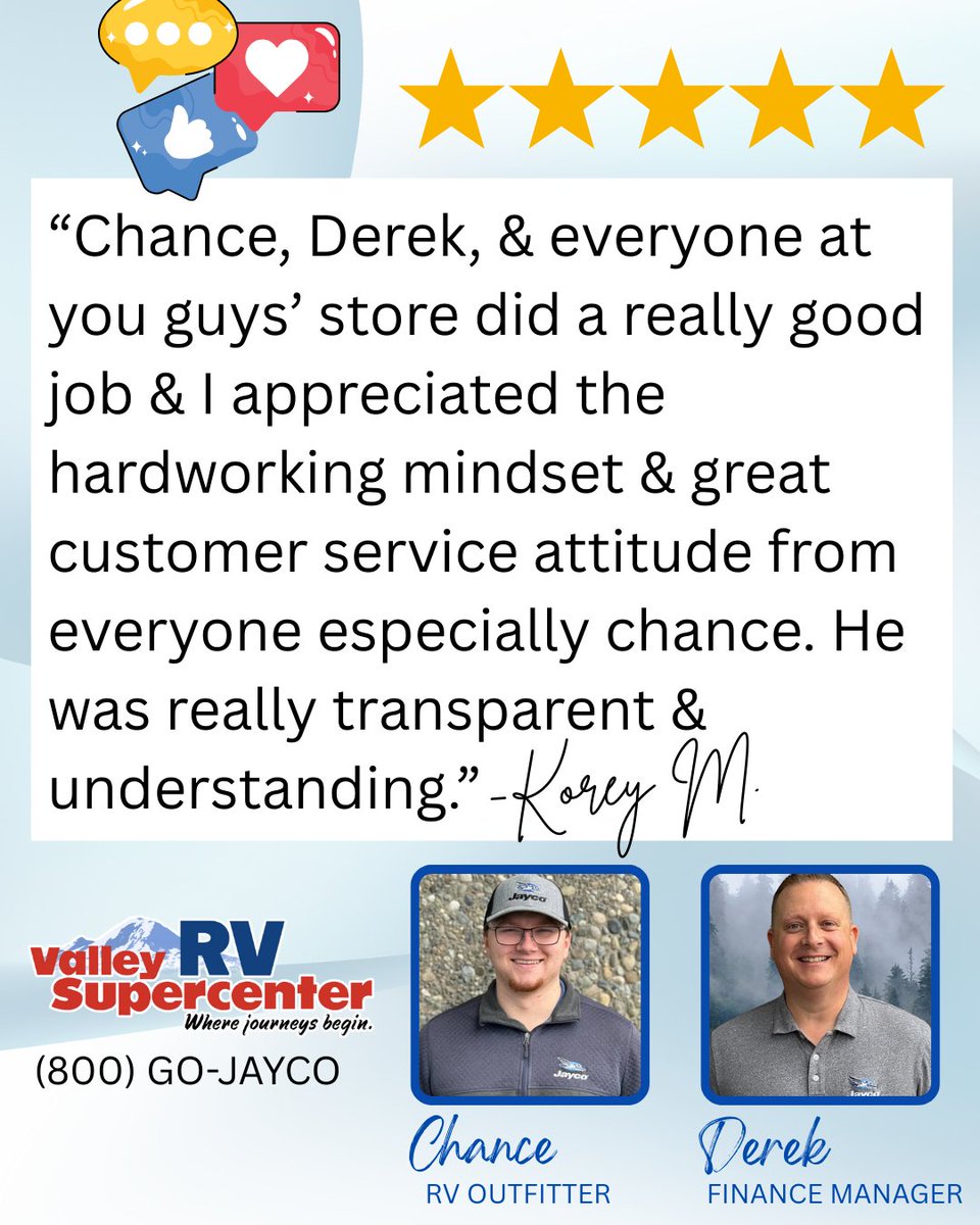 ValleyRVSuper's tweet image. Another happy camper! ⭐️⭐️⭐️⭐️⭐️ Big thanks Korey for the kind words and shoutout to Chance, Derek &amp;amp; the team for their hard work and transparency!
Shop with us today for your RV 👉 bit.ly/4fAozyZ

#LetsJayco #ValleyRVSupercenter #RVLife #Camping #PNWRV