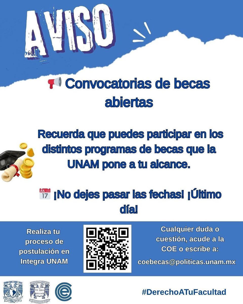 UNAM_FCPyS's tweet image. #Entérate
¡Último día para las convocatorias de becas!🎓
Consulta las opciones y participa en los distintos programas que la UNAM pone a tu alcance.
✉️Si tienes dudas, escríbenos a coebecas@politicas.unam.mx