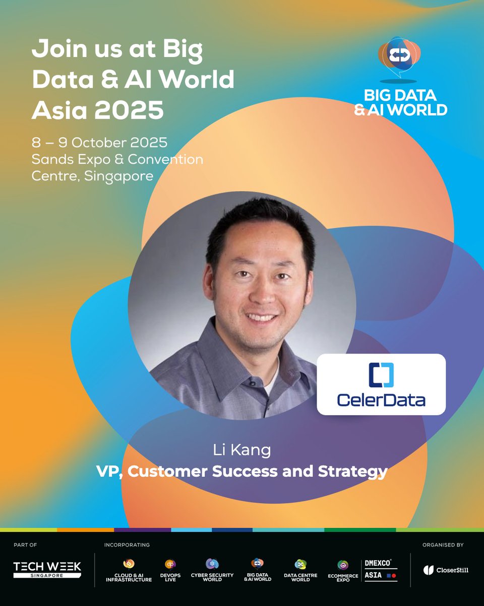 CelerData's tweet image. Join us at Big Data &amp;amp; AI World Singapore 🇸🇬, where Li Kang will take the stage:
✨ Unifying Data &amp;amp; Intelligence: The Modern Lakehouse as the Backbone of Agentic AI
📅 Oct 8 | 11:40 AM – 12:00 PM
📍 Keynote Theatre
👉 RSVP for free: hubs.la/Q03MnkkX0