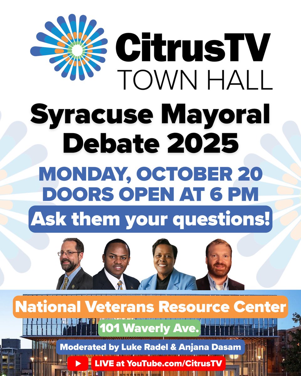 On October 20, CitrusTV will host a live debate with the 2025 Syracuse Mayoral candidates at 6:30 P.M. at the National Veterans’ Resource Center! All SU students and City Residents are invited to ask questions

⏰ Doors open at 6 PM
📍 NVRC, 101 Waverly Ave.
📺 YouTube and OTN