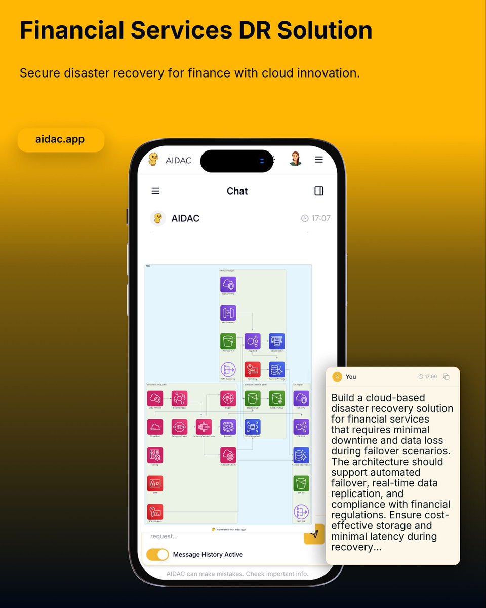 aidacapp's tweet image. DR done right ⚡
AIDAC generated this architecture with auto-failover, real-time data replication, and financial compliance built-in.
🔗 aidac.app/?utm_source=x

#AIDAC #InfraasCode #FinTech #CloudResilience