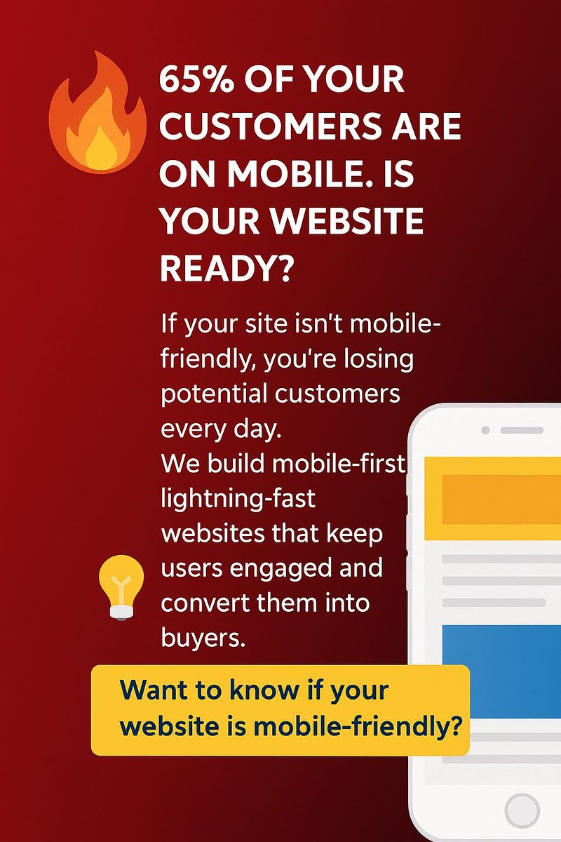 techmagsolution's tweet image. 📱 65% of your customers are on mobile. Is your website ready?
If your site isn’t mobile-friendly, you’re losing potential customers every day.
💡 Want to know if your website is mobile-friendly?
Grab our FREE Report today.
Comment “Mobile” or message us to get yours.