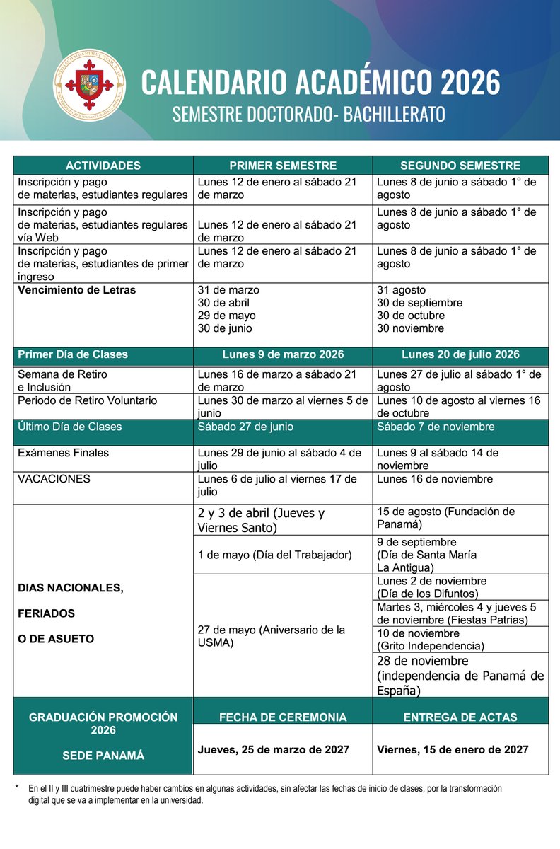 USMApanama's tweet image. 📅 ¡Ya está disponible el Calendario Académico 2026!
Planifica tu próximo año académico con anticipación y mantente al tanto de las fechas más importantes del ciclo universitario.
#USMAPanamá #CalendarioAcadémico #OrgulloUSMA