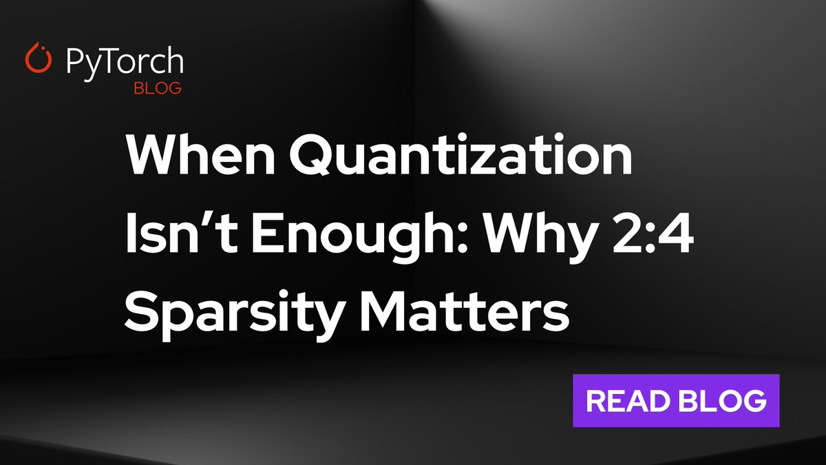PyTorch's tweet photo. Quantization alone reaches its limits in compressing large language models. Combining it with 2:4 sparsity enables greater compression and efficient, hardware-accelerated deployment while maintaining accuracy.

Our latest community blog from Mohammad Mozaffari, Jesse Cai, and Supriya Rao explores the advantages of hybrid compression, key results on LLaMA models, and the software gaps that must be addressed to fully unlock its potential.

🔗 https://t.co/aAiXmeLVNM

#PyTorch #OpenSourceAI #LLMs #LLaMA