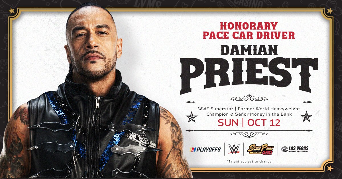 LVMotorSpeedway's tweet image. The Archer of Infamy trades the ring for the racetrack. 😤 

WWE Superstar Damian Priest will lead the field as the honorary pace car driver for the #SouthPoint400.

Read More: bit.ly/3VT7Iyu