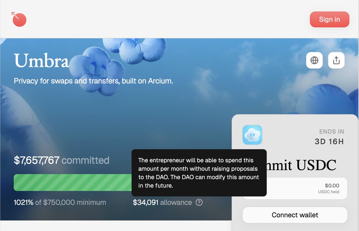 Screenshot of Umbra's fundraise page on MetaDAO showing over $7.6M committed