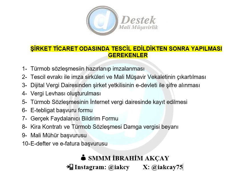 Şirket kuruluşu tescil edildikten sonra yapılması gerekenler. Var mı eksik 🤔

#SMMM #MaliMüşavir #Muhasebe #ÖnMuhasebe #KOBİ #Finans #Vergi #şirket #kuruluş