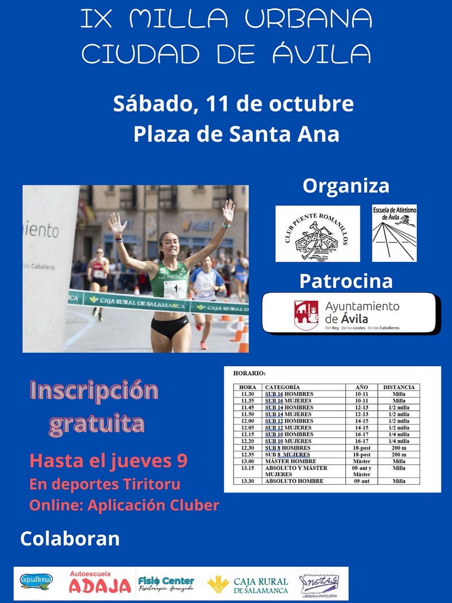 NO TE QUEDES SIN TU DORSAL DE LA MILLA URBANA CIUDAD DE ÁVILA. Hasta el jueves 9, presencia en DEPORTES TIRITORU y online en: app.cluber.es/clubes/66b249e… <a href="/CRSASALAMANCA/">Caja Rural de Salamanca</a> <a href="/FisioCenter7/">Fisio Center</a> <a href="/aeAdaja/">Ae Adaja</a> #librerianotasavila