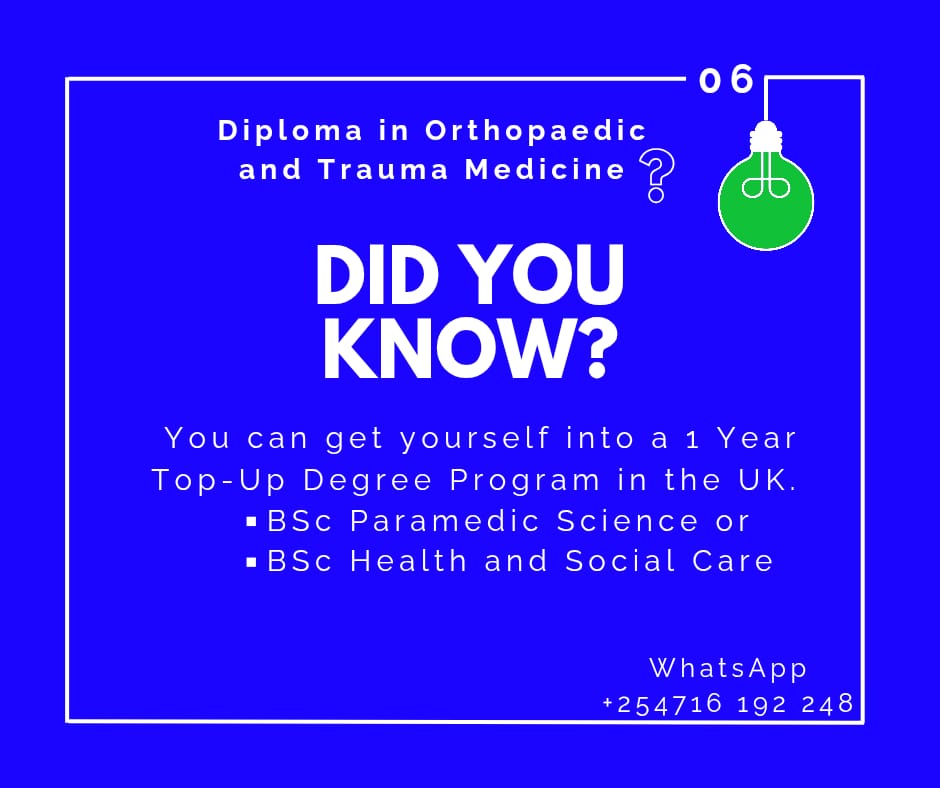Diploma in Orthopaedic and Trauma Medicine 🤔

You can get yourself into a 1 Year Top-UP Degree Program in the UK 
✅️ BSc Paramedic Science or
✅️ BSc Health and Social Care