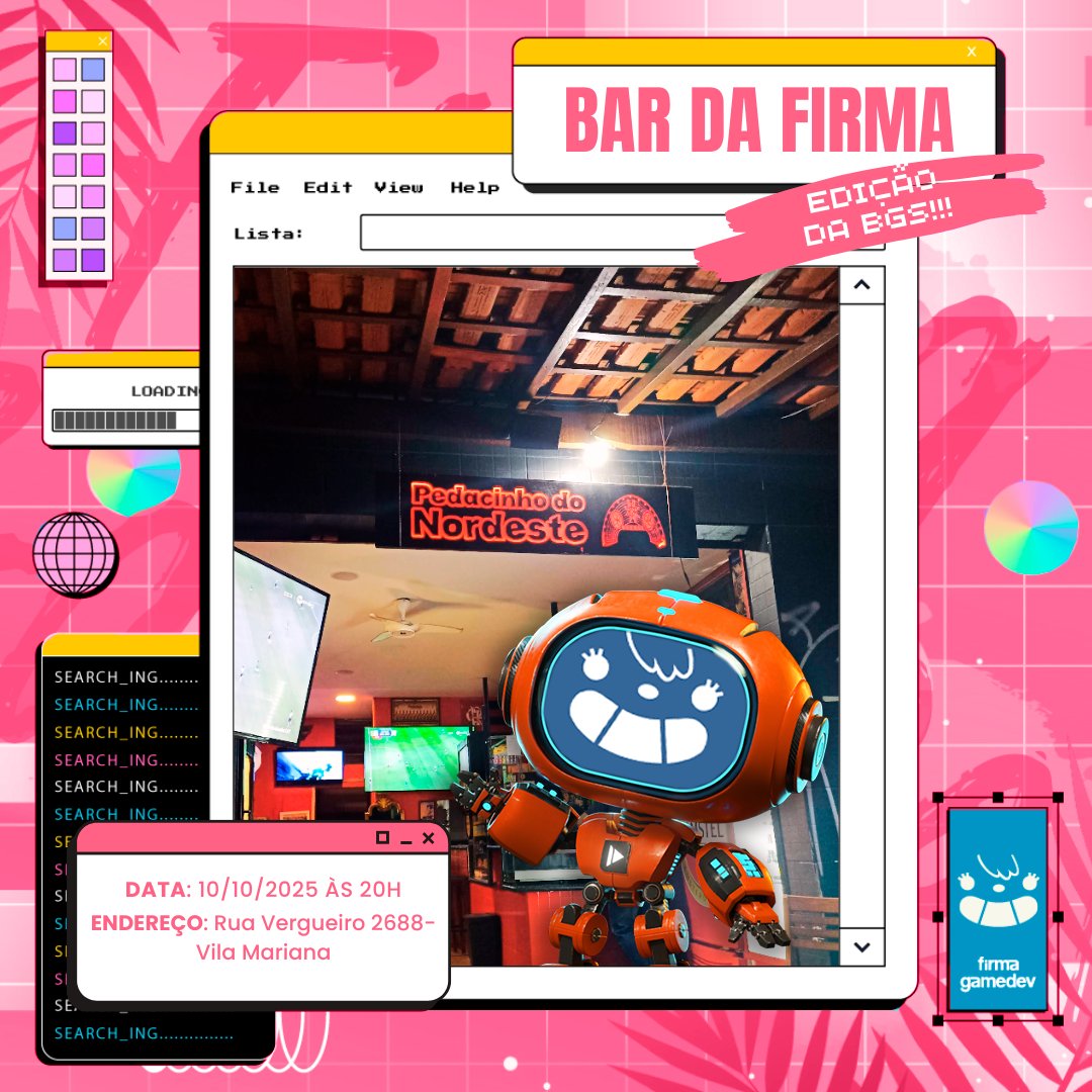 FirmaGamedev's tweet image. Sexta-feira de BGS tem o já tradicional BAR DA FIRMA lá no Pedacinho do Nordeste 🍻
Só chegar, trazer as amizades e curtir o verdadeiro evento de joguinhos do ano 🎮
E no sábado, tem Barzinho Game Show lá no Famoso Bar do Justo!!!
🔥 Quem aí vai?! 🔥
#jogobr #indiebr #bgs