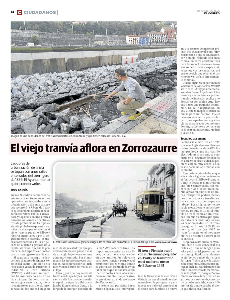 Los carriles del primer tranvía de Euskadi, aparecen en la Ribera de Deusto, en Bilbao.
El Correo, domingo 5 de octubre.