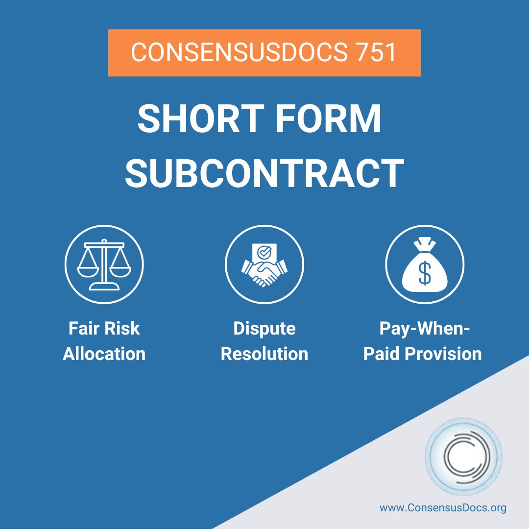 ConsensusDocs's tweet photo. Did you know the ConsensusDocs 751 Short Form Subcontract is our most used document? Developed with input from GC and #Subcontractor groups, it's the standard for #contractors and subs looking to save time and money. Request a sample today.➡️https://t.co/n06I7KYR8q #construction https://t.co/slgsA0nD68