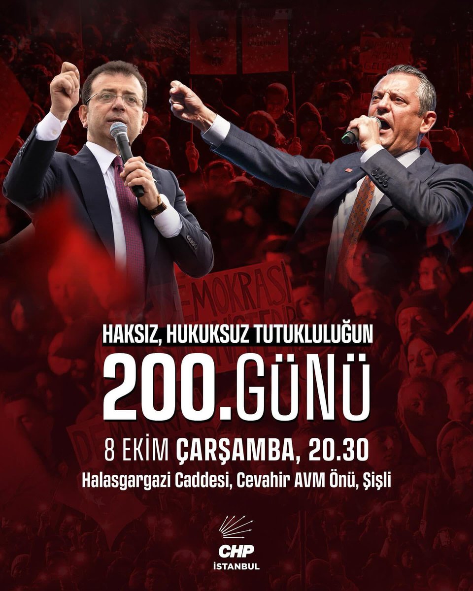 Kurtuluş yok tek başına, ya hep beraber ya hiçbirimiz! 

Genel Başkanımız Özgür Özel’in öncülüğünde, 15,5 milyon oyla Cumhurbaşkanı adayımız Ekrem İmamoğlu ve tüm yol arkadaşlarımıza yönelik 200 gündür süren haksız, hukuksuz tutukluluğa karşı bir araya geliyoruz. 

🗓  8 Ekim