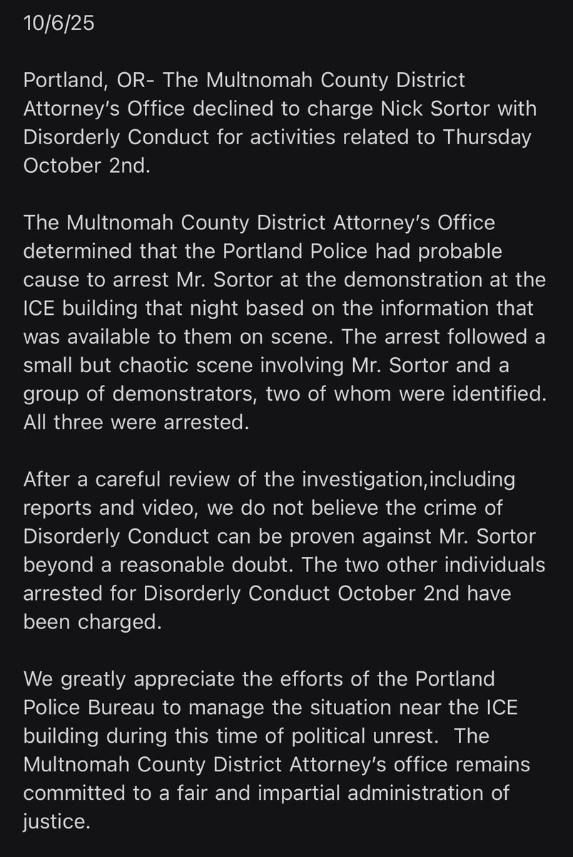 KatieDaviscourt's tweet image. Breaking: The Multnomah County District Attorney&apos;s Office in Portland has declined prosecution of @nicksortor:

&quot;After a careful review of the investigation, including reports and video, we do not believe the crime of Disorderly Conduct can be proven against Mr. Sortor beyond a…