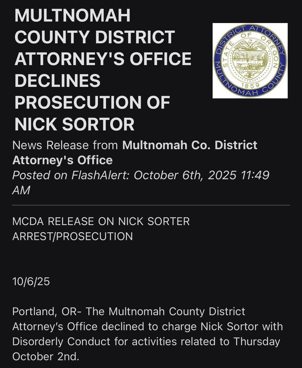 KatieDaviscourt's tweet image. Breaking: The Multnomah County District Attorney&apos;s Office in Portland has declined prosecution of @nicksortor:

&quot;After a careful review of the investigation, including reports and video, we do not believe the crime of Disorderly Conduct can be proven against Mr. Sortor beyond a…