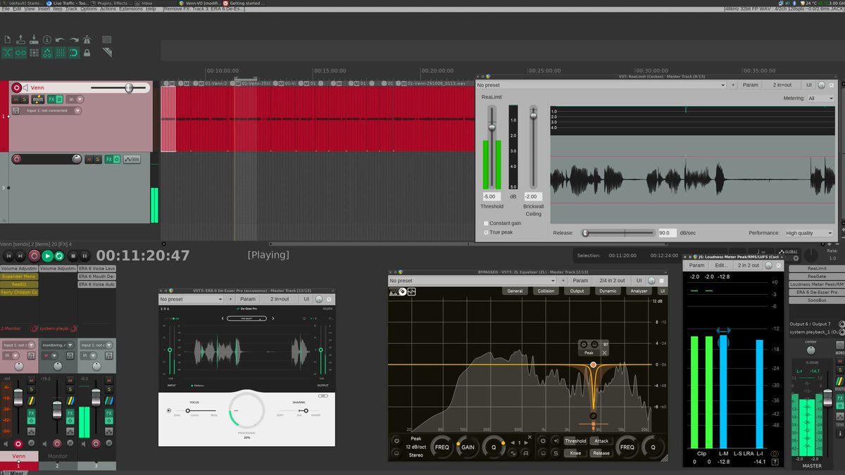 intlinux's tweet image. Dialogue editing day for an upcoming Interfacing Linux project. This is the “goof around and twiddle knobs on plugins” phase of the procrastination-fueled creative process. #linux #audio