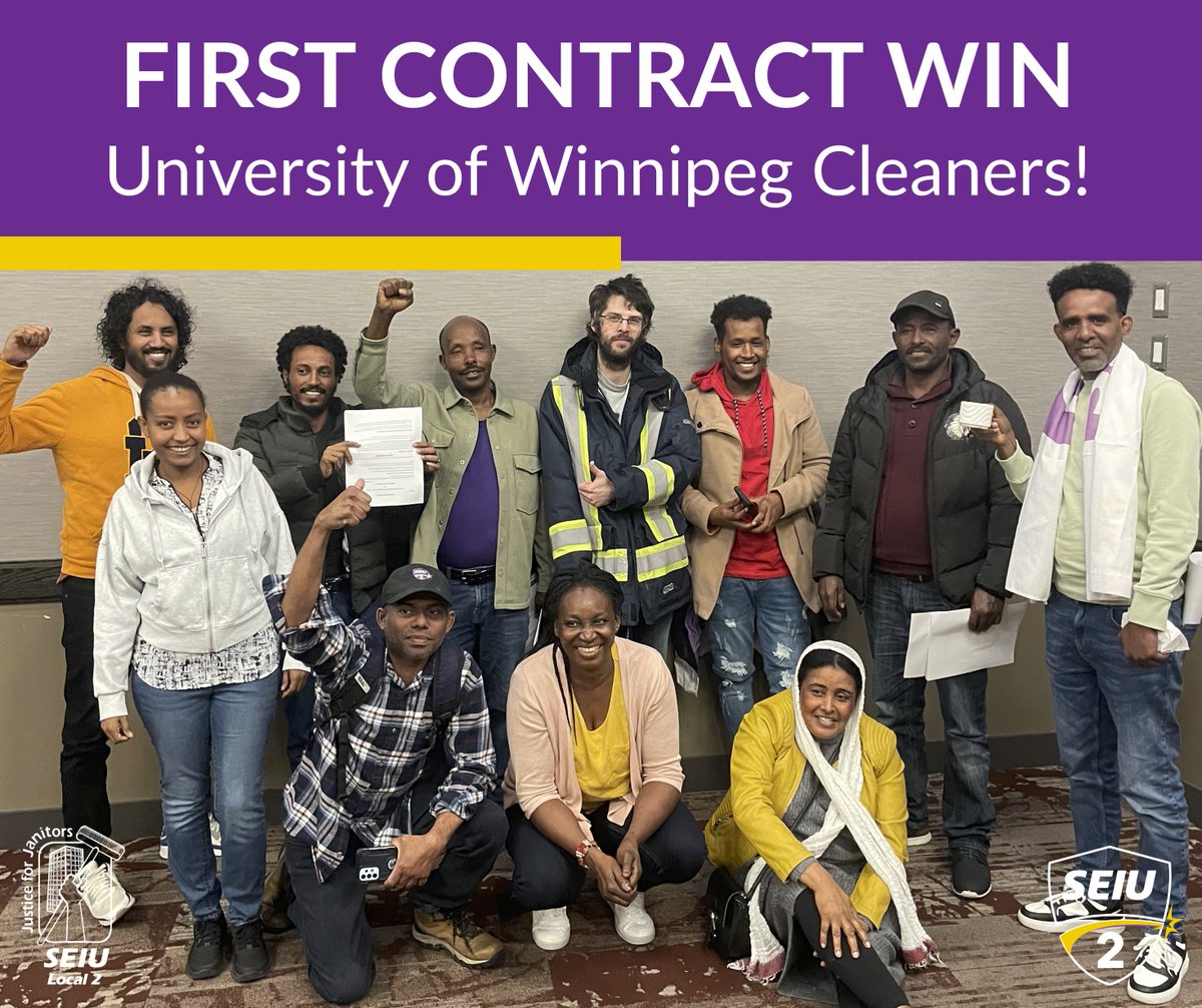 We're proud to secure our first Union contract win for contract cleaners at <a href="/uwinnipeg/">UWinnipeg</a>!

We are so grateful to the UofW Faculty Association and the students who showed up online and on campus to support! Next up, we fight to make sure our Union rights are protected long-term. 1/2