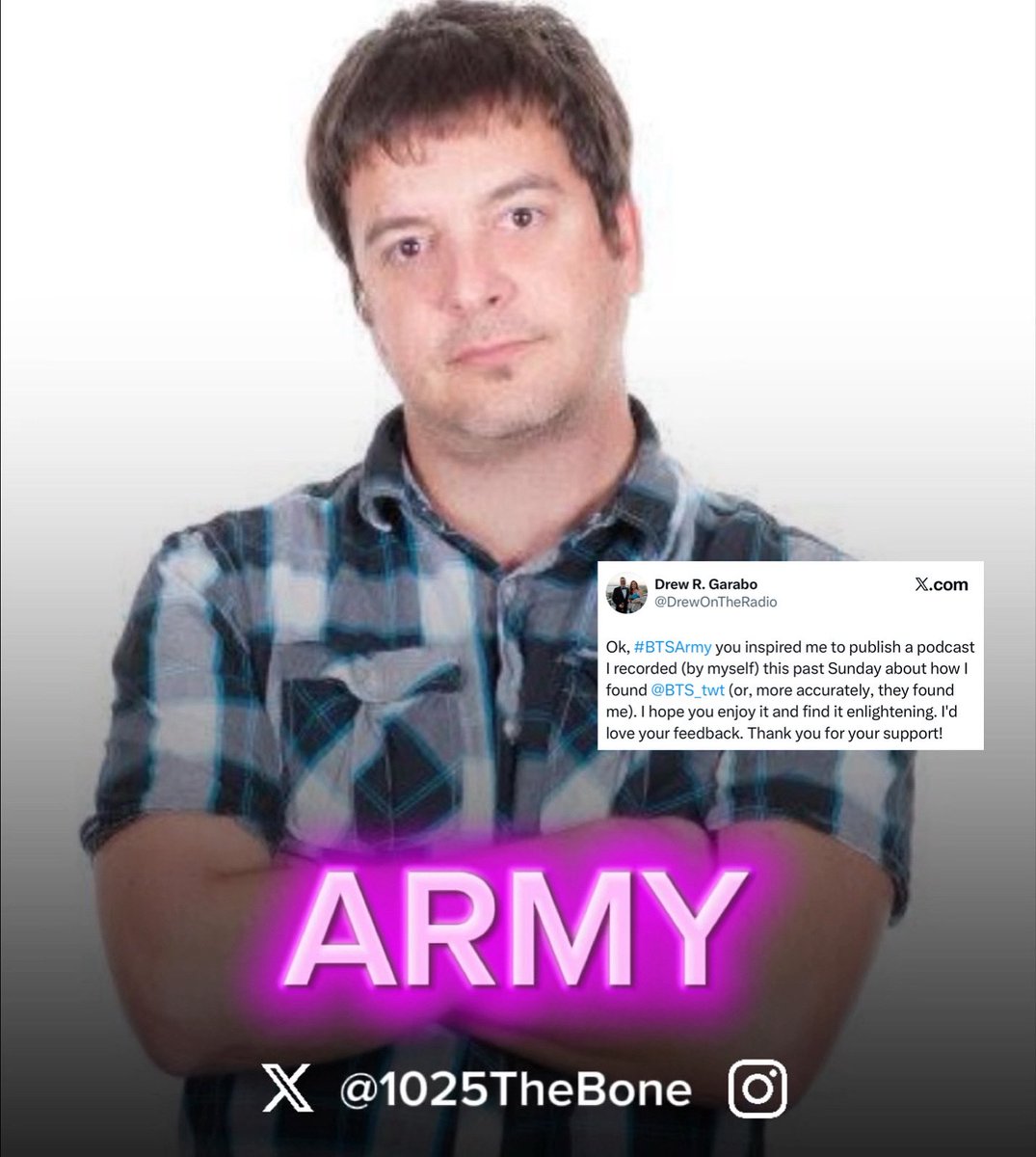 1025TheBone's tweet photo. TRENDING: @DrewOnTheRadio joined the #BTSArmy in 2019 and hasn’t looked back since. The faithful fans reminisce on the last 6 years with Garabo leading the charge from the front lines in radio. 💖 #senningshow #dglive https://t.co/97iR4a5Qd5