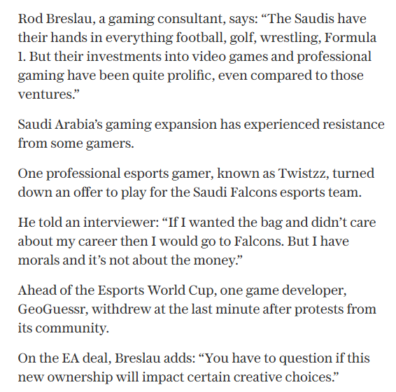 Slasher's tweet image. spoke to Telegraph: the Saudi investment in gaming/esports is more impactful and worrisome than their investments elsewhere. if EA was told to focus on guns and football it wouldn't be too surprising x.com/Slasher/status…