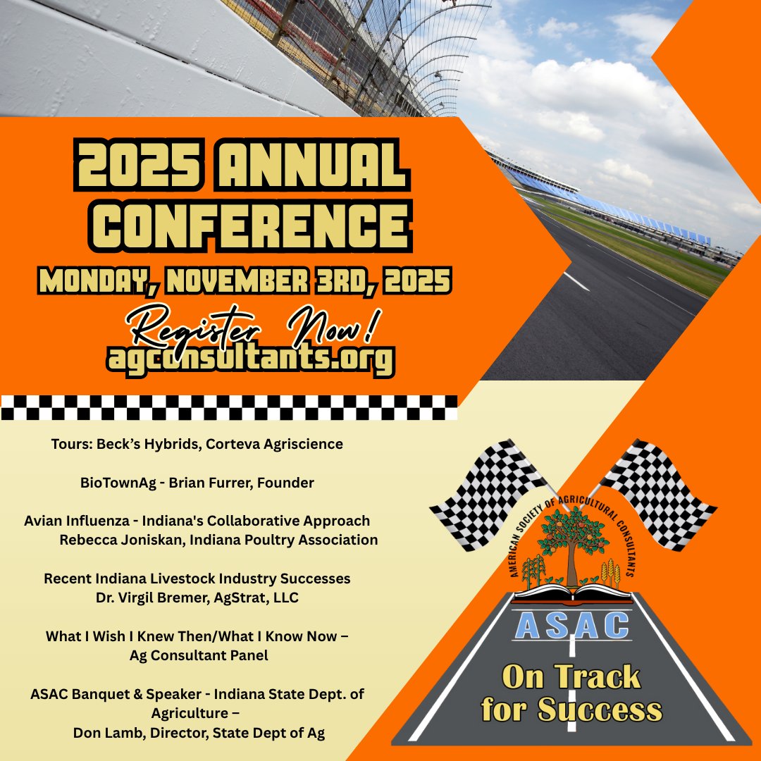 The_ASAC's tweet image. Early registration ends on October 17, and the conference hotel room block closes on October 10. Go to agconsultants.org/2025_annual_co… and select the appropriate links. There is also a link to conference sponsorship opportunities on that page. #ASAC2025 #agconsultants