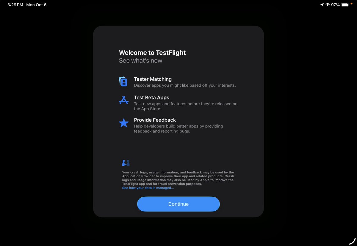 aaronp613's tweet photo. Apple has announced a new feature for beta testing apps: Tester Matching

"Discover apps you might like based off your interests"

This is from TestFlight 4.0, which was just released, but the feature does not appear to be live yet. https://t.co/zS7lb3Cs3F
