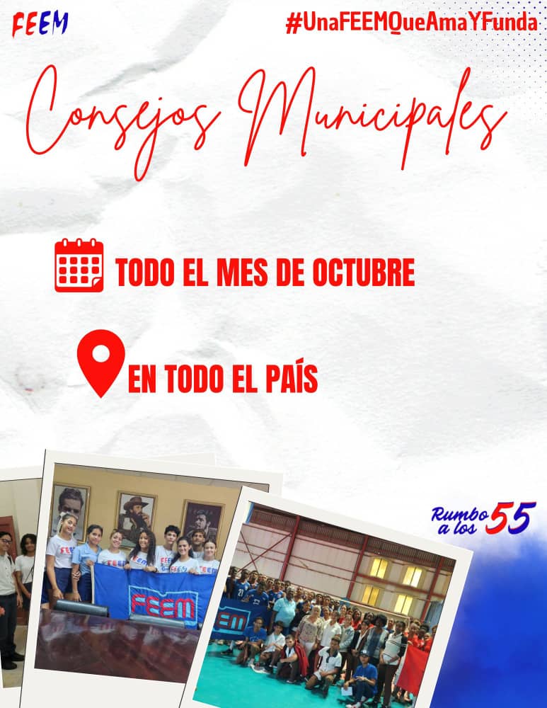 😁// Llegan los consejos municipales de la #FEEMdeCuba 🇨🇺

Espacio en el que se llevará acabo un importante intercambio 🗣️ estudiantil 🤓 donde cada opinión será un paso #RumboALos55 para seguir #HaciendoFuturo por nuestra organización 

#UnaFEEMQueAmaYFunda
#100AñosConFidel