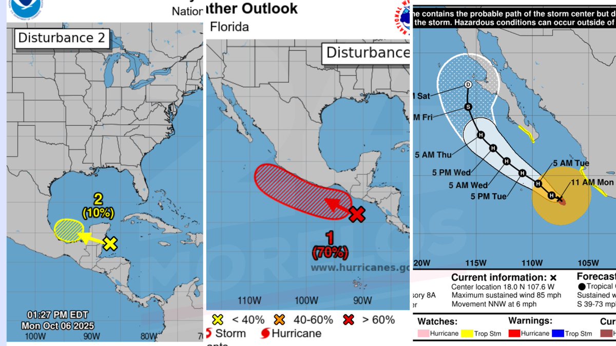 24_morelos's tweet photo. ⚠️¡Urgente! ⚠️ 

MÉXICO EN ALERTA: TRES CICLONES AMENAZAN CON INTENSAS LLUVIAS ESTA SEMANA

México se prepara para una semana de fuertes lluvias y posibles afectaciones por la presencia de tres sistemas ciclónicos en desarrollo en ambos litorales del país.

El primero, una baja presión frente a Belice y Quintana Roo, cruzará Campeche y Tabasco antes de salir al Golfo de México, donde podría fortalecerse y dirigirse al centro-sur de Veracruz a mitad de semana.

El segundo es el huracán Priscilla, que se desplazará al noroeste, pasando cerca o sobre las Bajas Californias entre jueves y sábado.

Y el tercero, una zona de inestabilidad en el Pacífico, podría convertirse en ciclón muy cerca de costas desde Oaxaca hasta Jalisco, generando lluvias intensas entre miércoles y sábado.

Detalles con: @InfoMeteoro