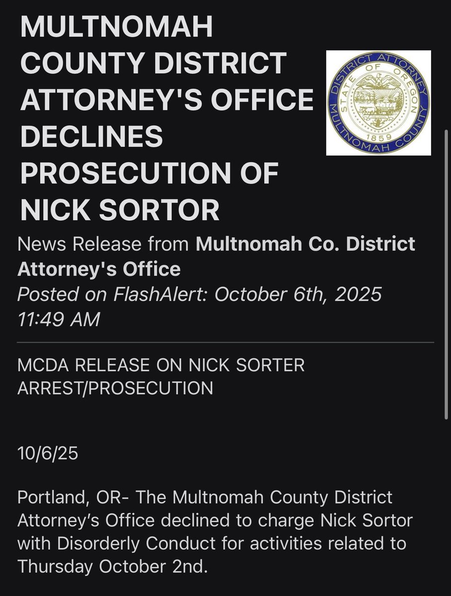 MrAndyNgo's tweet photo. The DA’s office in Portland has announced it is not pursuing charges against @nicksortor after he was arrested last week following an Antifa attack outside ICE. 

Moderate DA Nathan Vasquez said the two others arrested in the attack are NOT having their charges dropped.

Vasquez won over Antifa DA incumbent Mike Schmidt last year. Vasquez and his campaign supporters were threatened by Antifa and the far-left who wanted their man in power. I snuck inside Schmidt’s election party and reported about it at the time: https://t.co/u4fB1mvNsb