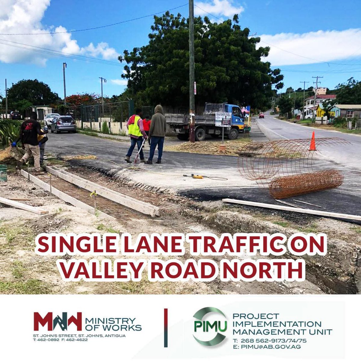 The Ministry of Works would like to inform the public that controlled single lane traffic shall commence on Tuesday 7th October 2025 between 8 AM and 6 PM daily to facilitate major works on Valley Road North between Antigua State College and Jolly Harbour.

#gisantiguabarbuda