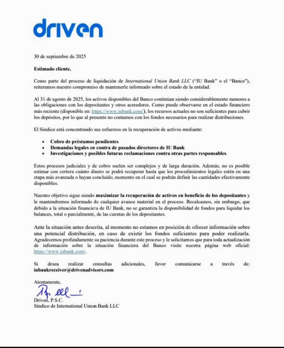 SoyGabyMirabal's tweet photo. El Síndico de I.U. Bank Puerto Rico, da respuesta a la gravísima situación por el desfalco de Luis Guillermo Degwitz Brillembourg,su hijo Luis Guillermo Degwitz Carvallo, Enzo Moschella y otros directivos: Se apropiaron  del dinero de los depositantes. ¡Gangsters!
La carta 👇 https://t.co/upeK4qWYXX