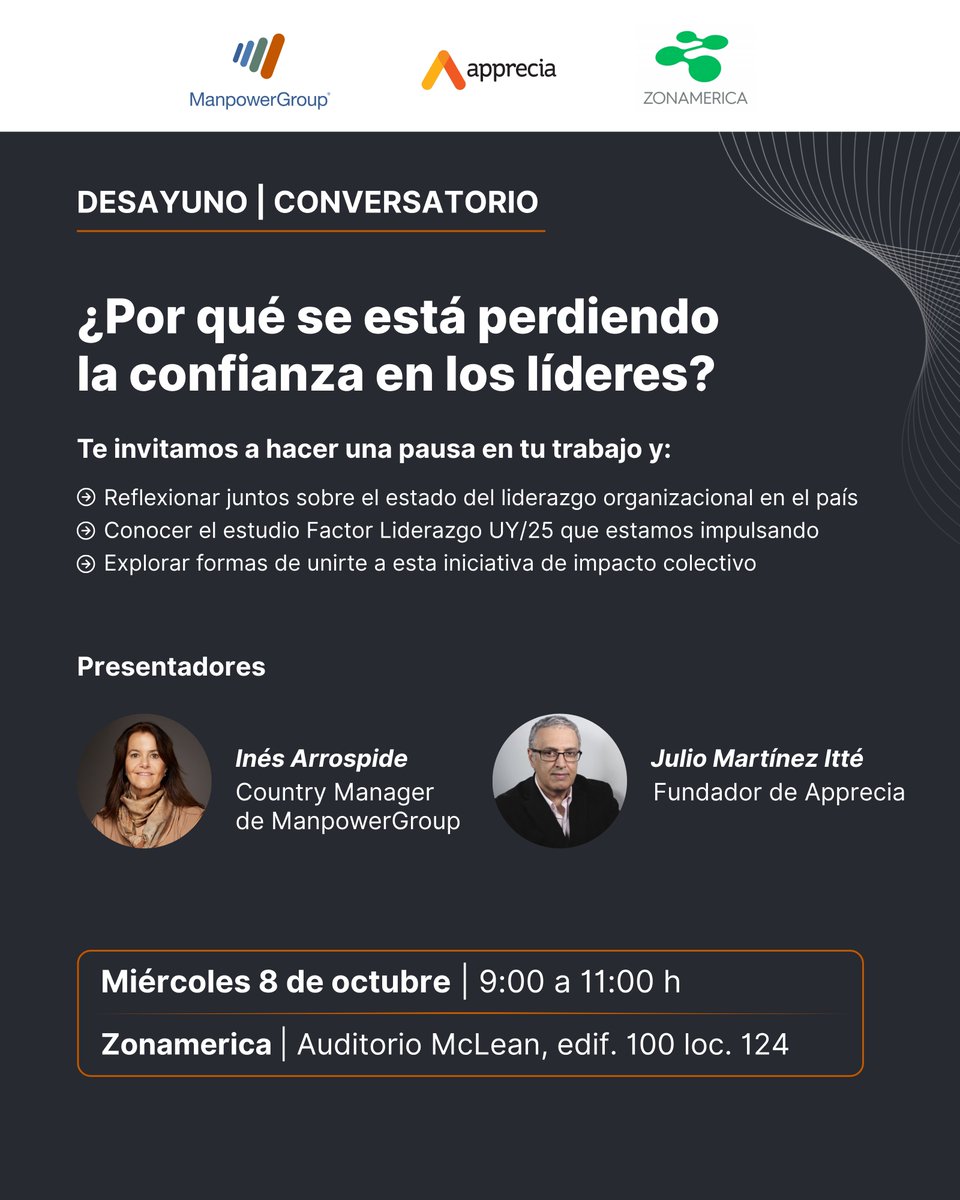 Este miércoles vamos a estar en <a href="/ZonamericaUY/">Zonamerica</a> para compartir un desayuno y contar sobre el estudio Factor liderazgo que estamos realizando junto a Apprecia.

Si sos de la comunidad Zonamerica, reservá tu lugar acá: even3.com.uy/e/por-que-se-e… 🔗⬅️

#ManpowerGroupUY #Liderazgo