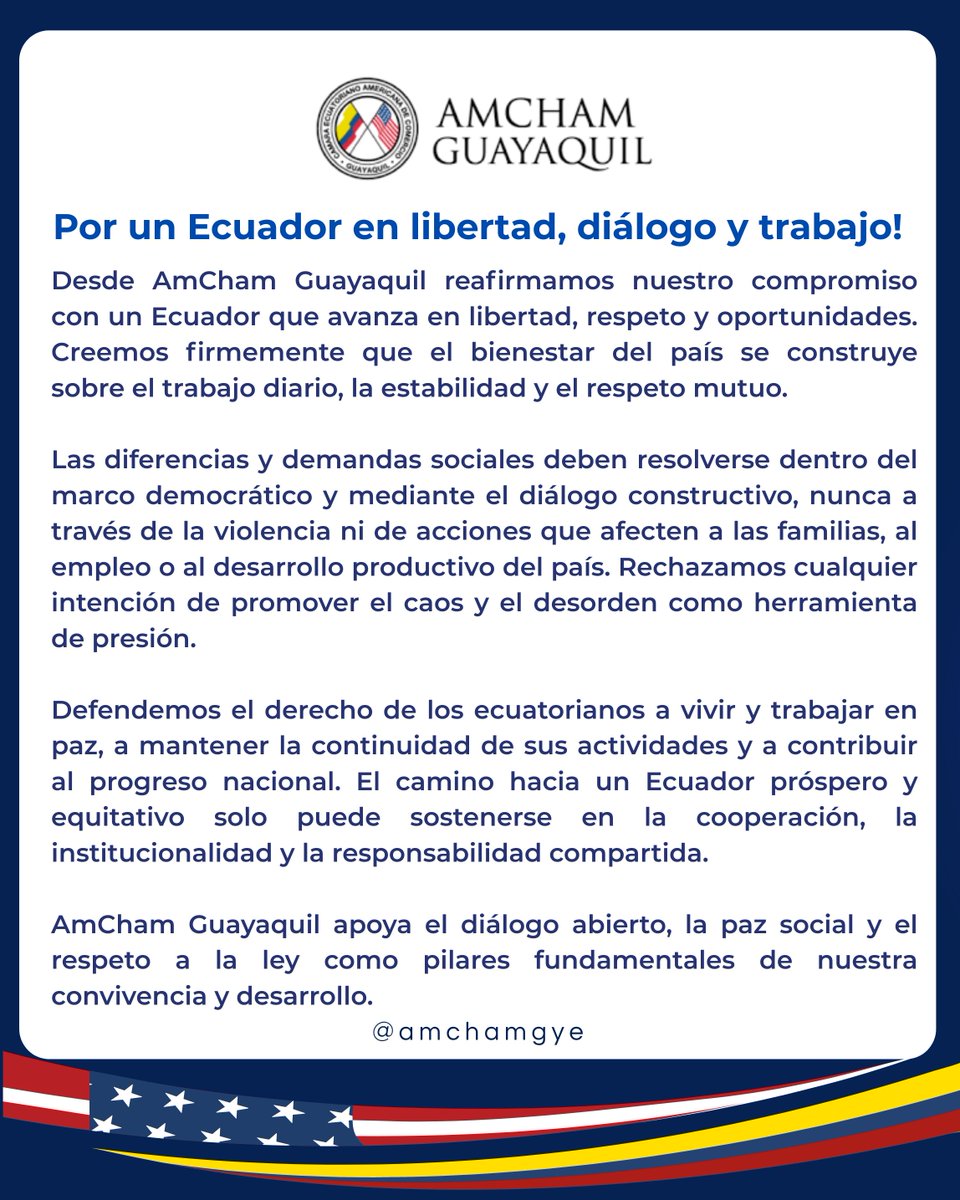 🔵 ¡Por un Ecuador en libertad, diálogo y trabajo!
Reafirmamos nuestro compromiso con un Ecuador que avance en libertad, respeto y oportunidades.
El bienestar del país se construye con respeto mutuo. 🙌

<a href="/DanielNoboaOk/">Daniel Noboa Azin</a> 

<a href="/ChairAmchamGYE/">Nery Merejildo - Chair AmCham</a> 
#AmChamGYE #EcuadorEnPaz #LibertadYTrabajo