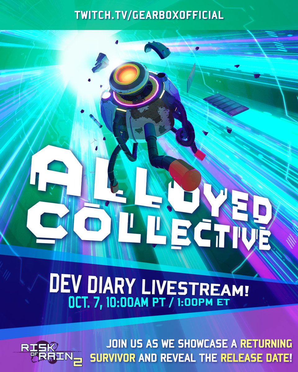 RiskofRain's tweet photo. There are officially less than 24 hours to go until tomorrow's Dev Diary.

We'll be revealing a bunch of new details about the Alloyed Collective expansion including a returning Survivor and... the release date!

The stream goes live at 10:00am PT! https://t.co/FDx4VSnUx8