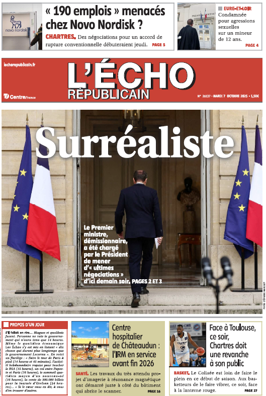 Newspaper front page titled L'Écho Républicain with date 5 novembre 2024, main photo of a man in dark suit walking between two French flags in front of a large building entrance labeled Assemblée Nationale, text overlay Surrealististe with subtext La première ministre en place du président pour les obsèques de Jacques Chirac, smaller sections on employment in Chartres, job protests, hospital staff, and local news snippets including photos of protesters and a face with text soie a tout le.
