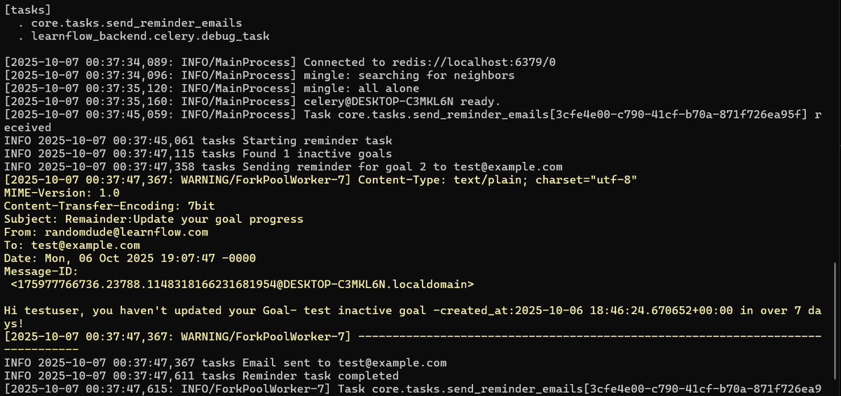 RajNair06's tweet image. Building LearnFlow
-learnt about background jobs and queues
-used Celery as task queue system and Redis as the message broker
-offloaded  goal inactivity reminder email sending task to background through this
more details below