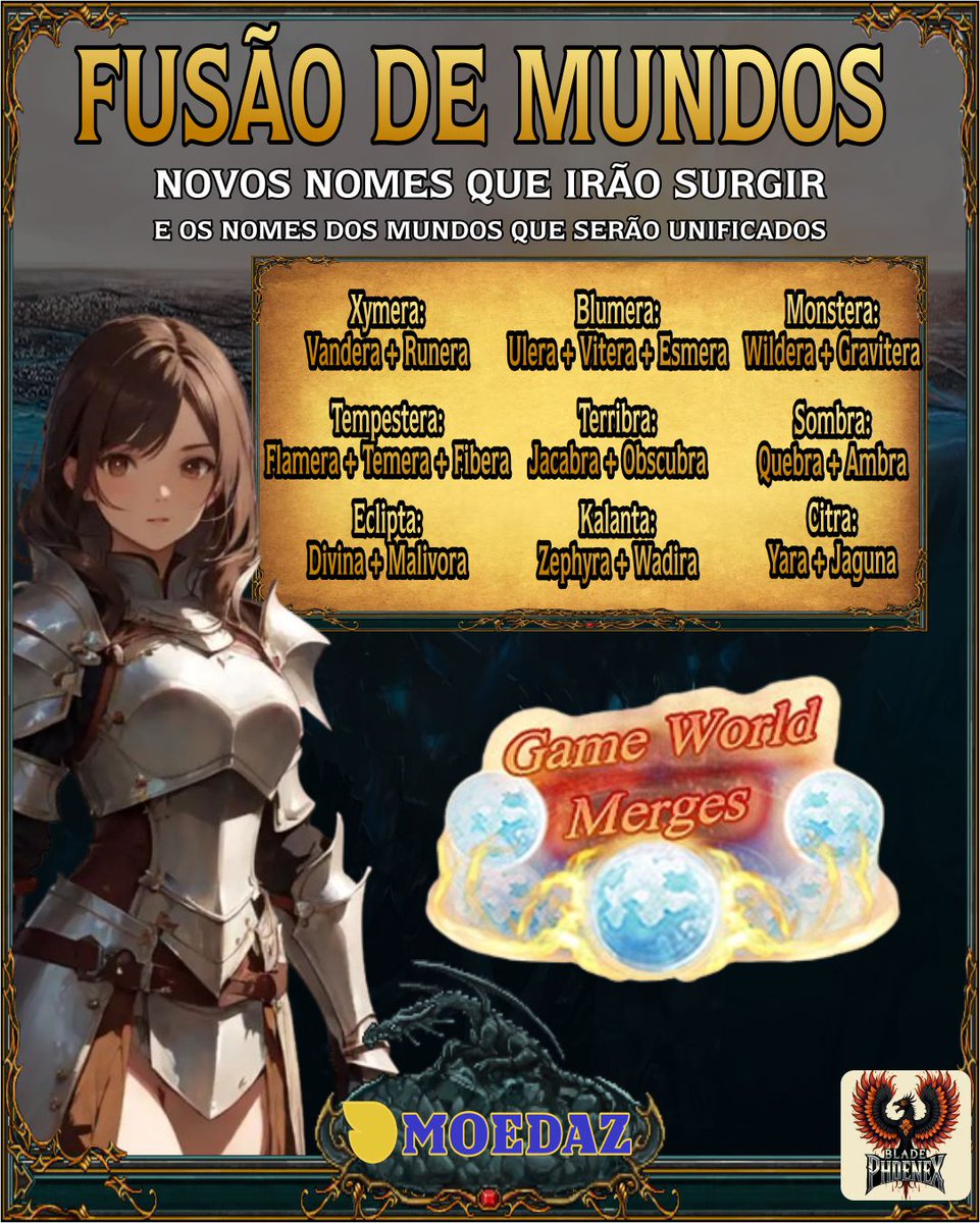 BladePhoenix12's tweet image. ⚔️ Fusão de Mundos no Tibia – Novembro de 2025!

Atenção, Tibianos! 🌍
A fusão de servidores está chegando a partir do dia 06 de novembro de 2025.

Se o seu personagem está em um desses mundos, fique ligado!

#tibia #tibiabr #tibiabrasil #tibiaoficial #tibianews #tibiacommunity