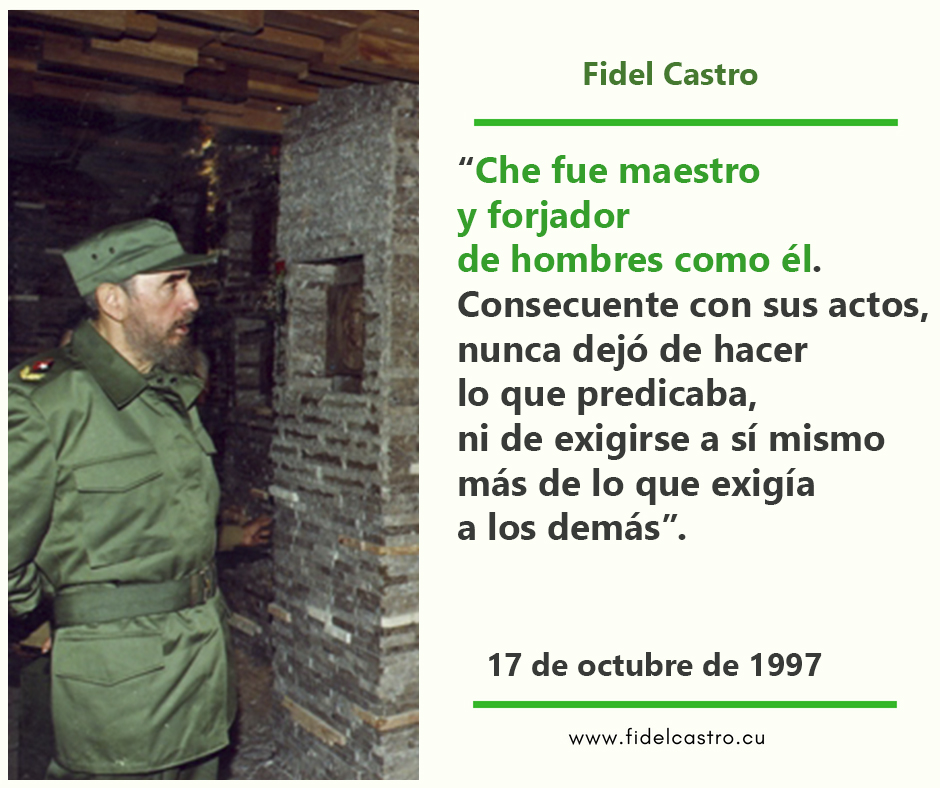 📅17 de octubre de 1997 🎙️#FidelCastro: “Che fue maestro y forjador de hombres como él. Consecuente con sus actos, nunca dejó de hacer lo que predicaba, ni de exigirse a sí mismo más de lo que exigía a los demás”.

bit.ly/2hF7vLs
#100AñosConFidel #Cuba #Revolución
