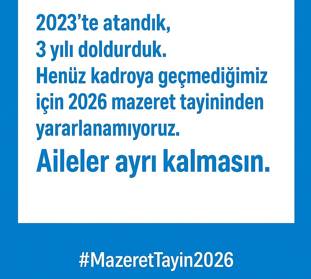2023 ataması öğretmenler fazlasını istemiyor.
3 yıl (6 dönem) görevimizi tamamladık, artık ailemize kavuşmak istiyoruz. 

📄 2026 yaz dönemi mazeret tayini kılavuzu, bizleri de kapsayacak şekilde düzenlenmelidir.
<a href="/cftcblnt/">Bülent ÇİFTCİ</a>
<a href="/Yusuf__Tekin/">Yusuf Tekin</a>
#MazeretTayin2026