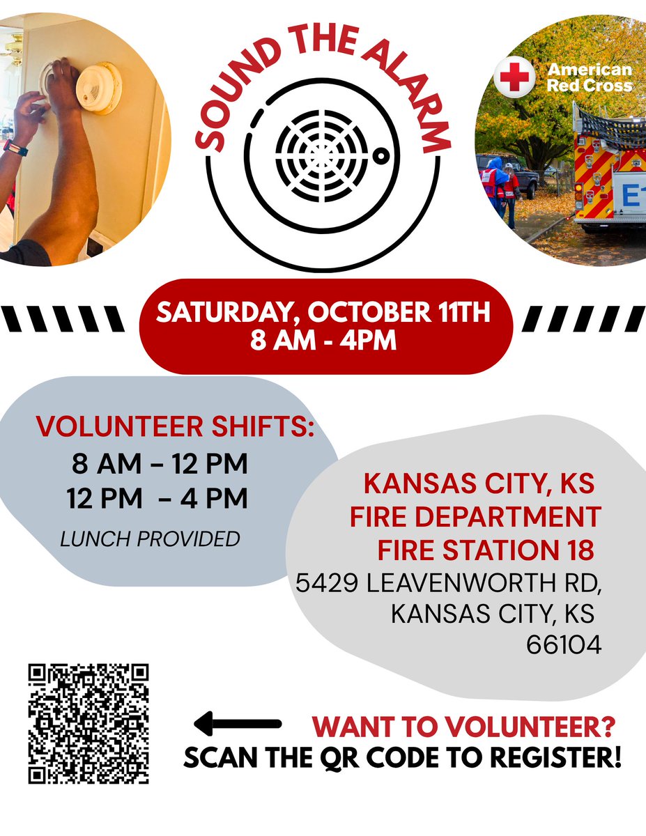 Greater Kansas City area, are you ready to Sound the Alarm this Fire Prevention Week?

Join us this Saturday, October 11th, to install free smoke alarms, share fire safety education, and help protect families from the nation’s most frequent disaster: home fires. Smoke alarms save