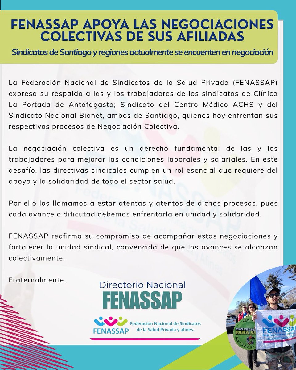 ‼️@FENASSAP manifiesta su apoyo a los sindicatos afiliados que hoy enfrentan sus procesos de Negociación Colectiva📣
Acompañamos sus demandas y la búsqueda de mejores condiciones y beneficios sociales.
🤝 La unidad y la organización son la fuerza para alcanzar acuerdos justos✊