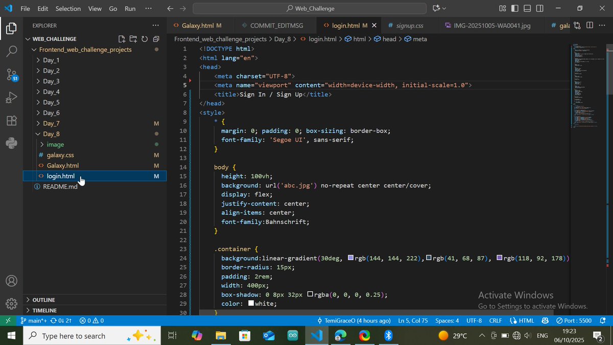 Gwacie11_11's tweet image. Day 8: We were given a template to use.
A sign in/signup page leading to the main page.
Played around with diverse ways of animating.

#15DaysFrontendDevChallenge

#CodeChallenge
#FrontEndChallenge
#WebDevChallenge
#BuildInPublic
#WebDev
#NaijaDevs
#SteinAcademy