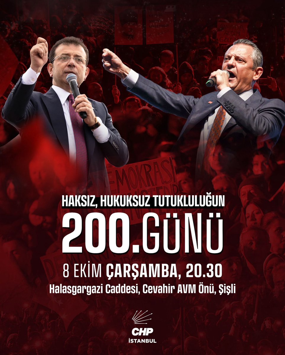 Kurtuluş yok tek başına, ya hep beraber ya hiçbirimiz! 

Genel Başkanımız Özgür Özel’in öncülüğünde, 15,5 milyon oyla Cumhurbaşkanı adayımız Ekrem İmamoğlu ve tüm yol arkadaşlarımıza yönelik 200 gündür süren haksız, hukuksuz tutukluluğa karşı bir araya geliyoruz. 

🗓  8 Ekim