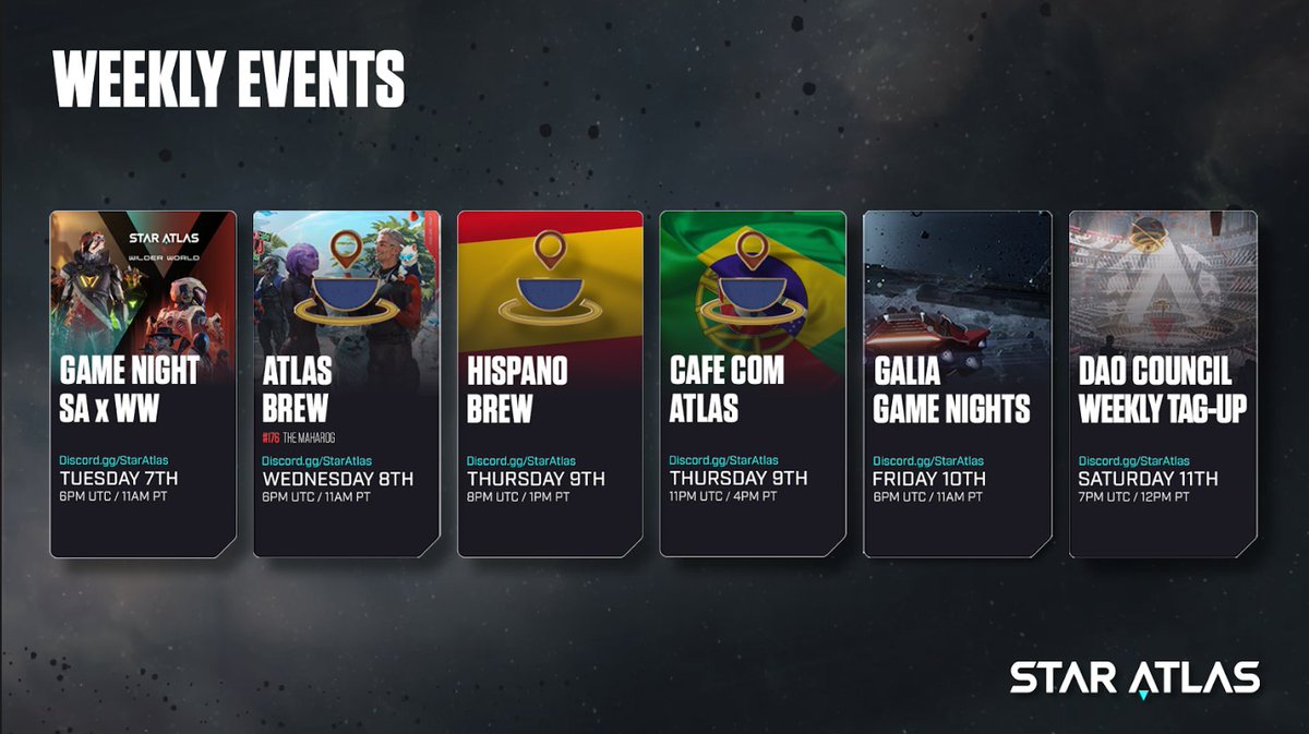 Another epic week ahead with @StarAtlas! 📅

Tue: Game Night with <a href="/WilderWorld/">Wilder World</a> 🎮
Wed: Atlas Brew - The Marahog 👀
Thu: Spanish &amp; Portuguese Brews 🌎
Fri: Galia Game Night 🎯
Sat: Weekly Council Tag-up 🏛️

Join us 🤝 discord.gg/staratlas