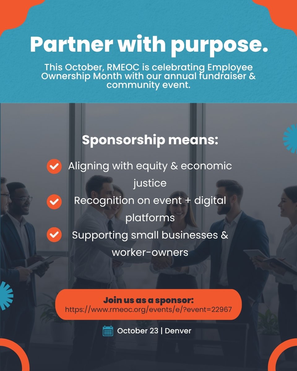 rmeoc_'s tweet image. Partner with purpose this Employee Ownership Month.
Join RMEOC’s October 23 celebration as a sponsor and stand with worker-owners, small businesses, and equitable growth across Colorado. 🌟
#EmployeeOwnership #CoopsBuildCommunity #DenverEvents

rmeoc.org/events/e/?even…