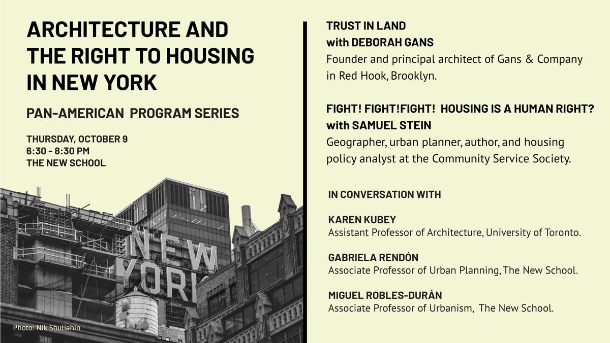 See you Thursday for “Architecture and the Right to Housing in New York!”

Speakers: Deborah Gans, Samuel Stein, @karenkubey, Gabriela Rendón, &amp; Miguel Robles-Durán 

October 9, 2025
6:30–8:30 p.m.
New School University Center (<a href="/TheNewSchool/">The New School</a>)

Register: bit.ly/ArchHousingLab…
