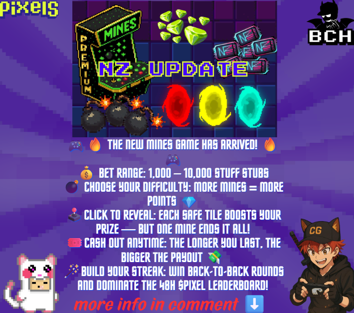 Mcghosh2's tweet photo. 🎮🔥 THE NEW MINES GAME HAS ARRIVED! 🔥🎮 IN @pixels_online 

💰 BET RANGE: 1,000 – 10,000 Stuff Stubs

💣 CHOOSE YOUR DIFFICULTY: More mines = more points 💎

🕹 CLICK TO REVEAL: Each safe tile boosts your prize — but one mine ends it all!

#PixelsCreator #neonzone https://t.co/EHPlRo68aU