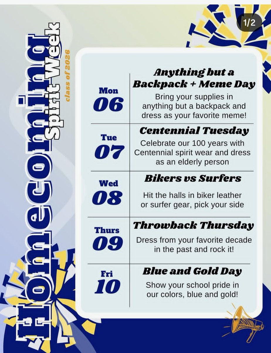 Hey Buffs! It's that time of the year again - Homecoming Spirit Week! Show your creativity and school spirit! Go Buffs!