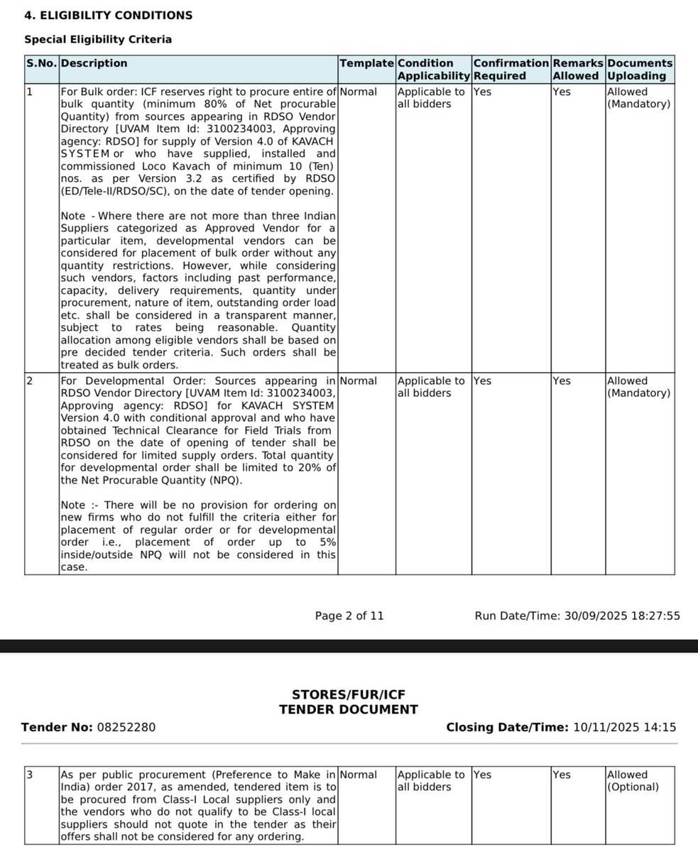 ashish_munjal's tweet photo. #Kavach : New tender worth ~2000 cr !
#HBL #hbleng 
#Kernex 
#Quadrant 
#GGTronics
#MedhaServo (not listed)

Synopsis:-

The current tender (Tender No. 08252280) covers Supply, retrofit, commission, and maintain Kavach ATP for 2,400+ EMU/MEMU sets, plus 30% possible

Scope includes installation of test track set-ups in 34 EMU/MEMU sheds, mechanical modifications, cabling/interfacing with existing train control systems, and full integration with zone railway operations

Comprehensive Annual Maintenance Contract (CAMC) for 11 years post-warranty, to be quoted and included for financial evaluation.

…………………………….

The total addressable opportunity for the Kavach program across India’s rail network is conservatively estimated at ₹40,000–45,000 crore over this decade. This estimate includes equipping the Indian Railways’ projected 70,000+ route kilometers and over 20,000 locomotives and rolling stock with the Kavach system over several phases.

~ 25000 to 35000 cr for track
~16000 to 20000 cr for loco’s & 
   Additional Annual & recurring   maintenance !

While kavach has been built with global standard and certified for LTE and SIL-4 level, let’s see if this can become choice of global Players for Installation worldwide.  Alstom, Siemens acquiring stake in these OEM’s could be interesting used case here !